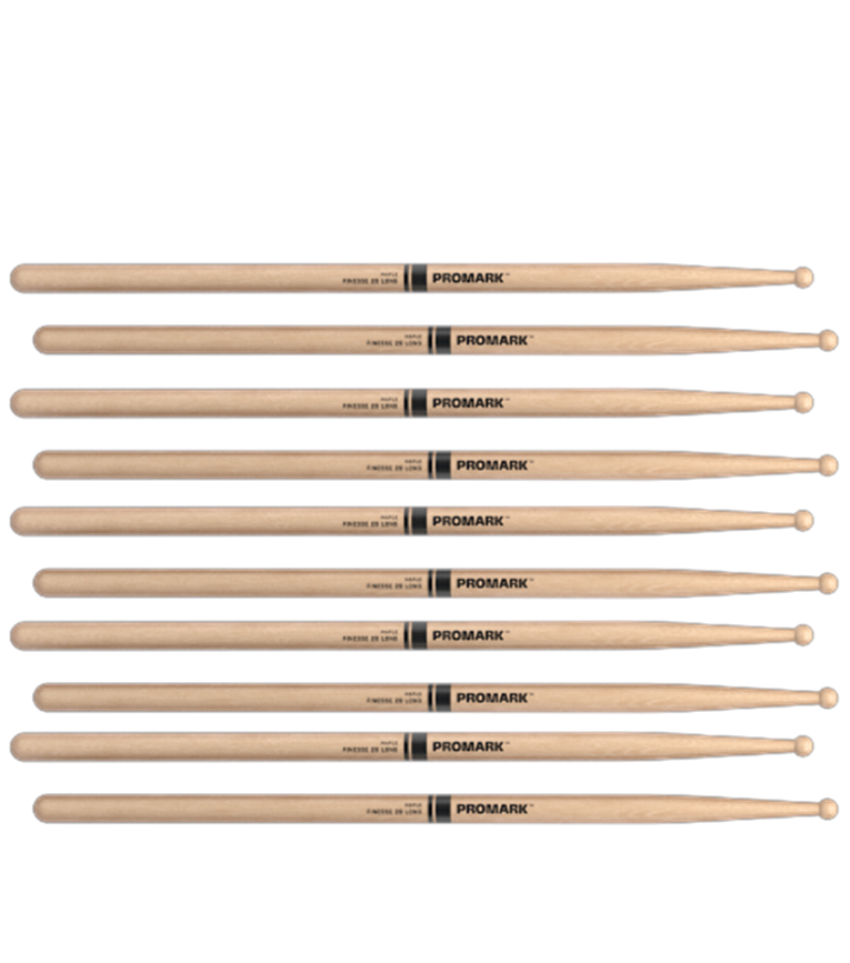 5 PACK ProMark Finesse 2B Long Maple Drumsticks, Small Round Wood Tip
