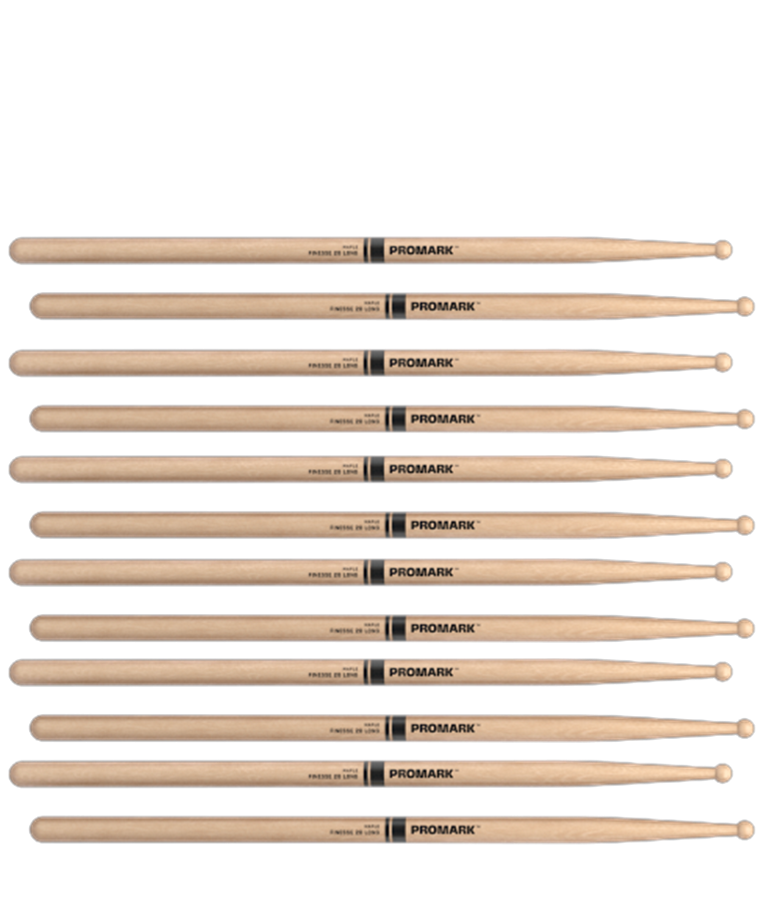 6 PACK ProMark Finesse 2B Long Maple Drumsticks, Small Round Wood Tip