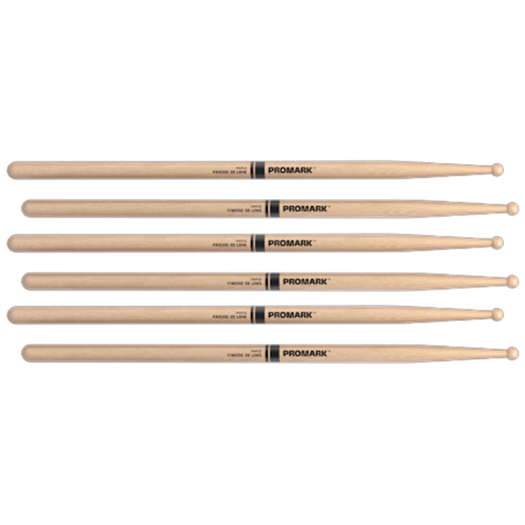 3 PACK ProMark Finesse 5B Long Maple Drumsticks, Small Round Wood Tip