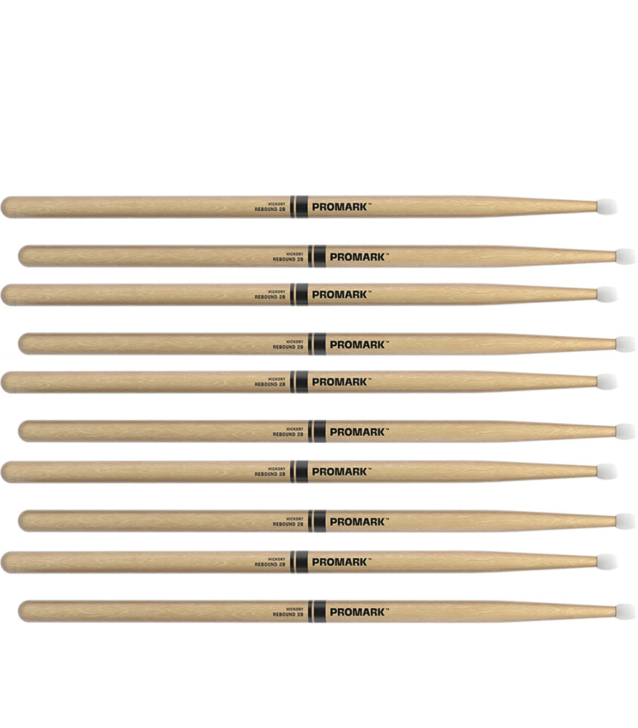 5 PACK ProMark Rebound 2B Hickory Drumsticks, Oval Nylon Tip