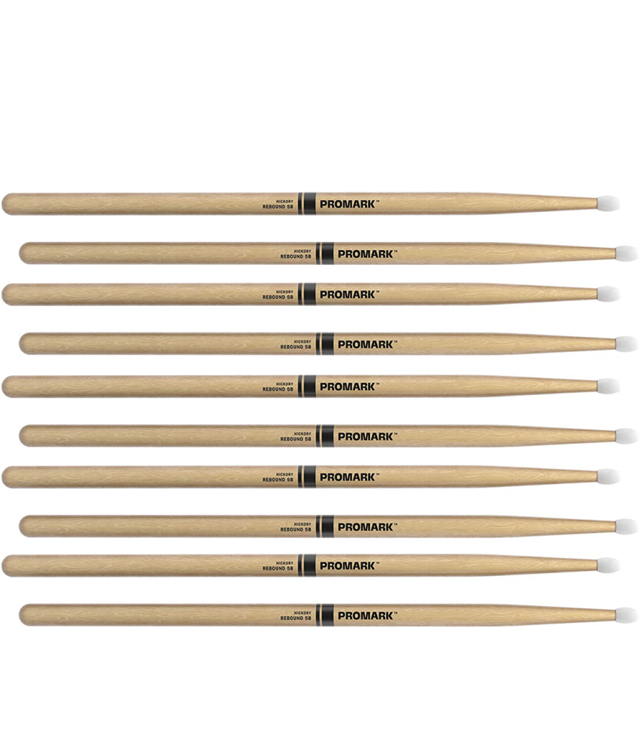 5 PACK ProMark Rebound 5B Hickory Drumsticks, Oval Nylon Tip