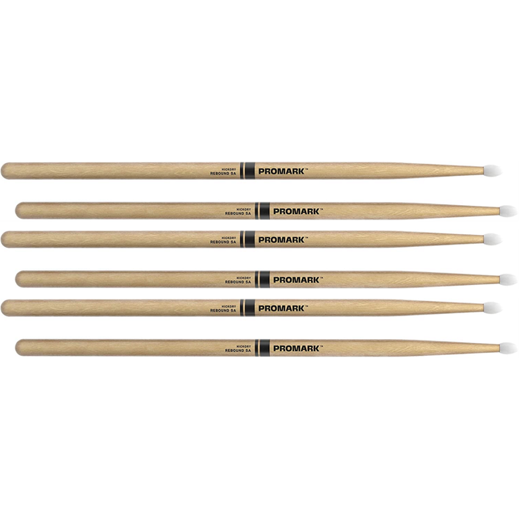3 PACK ProMark Rebound 5A Hickory Drumsticks, Oval Nylon Tip