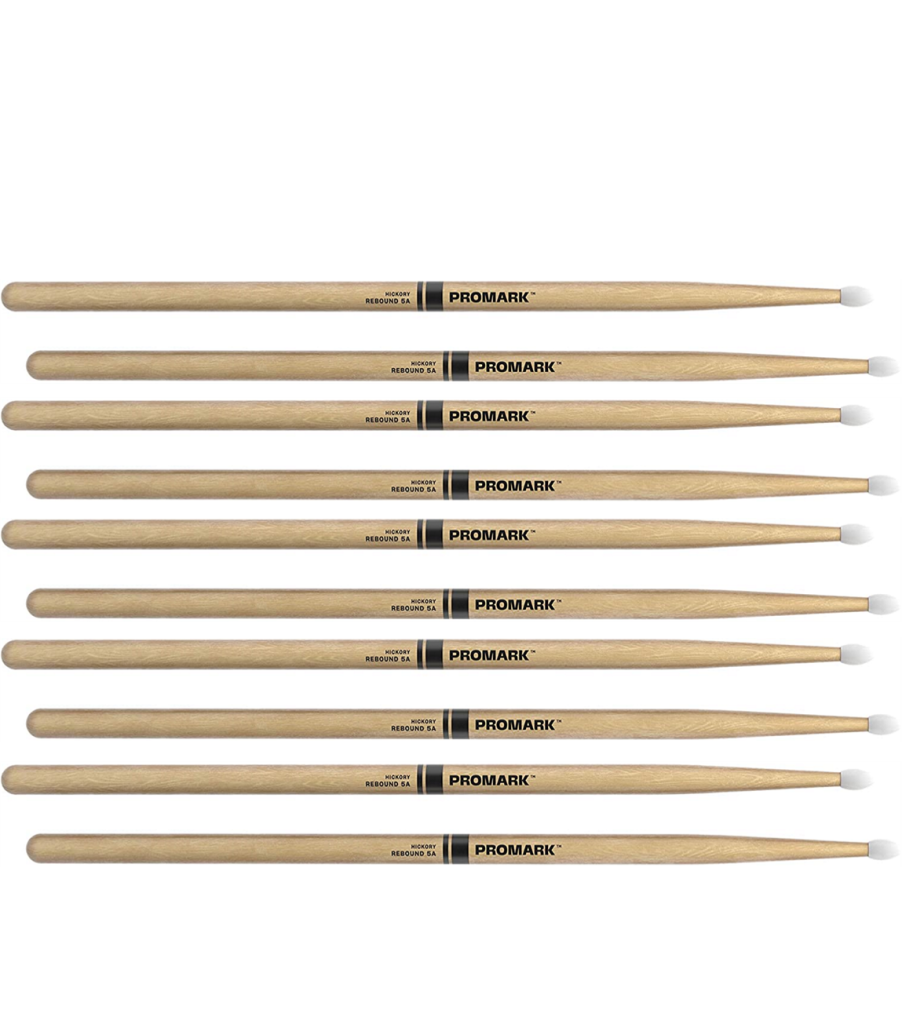 5 PACK ProMark Rebound 5A Hickory Drumsticks, Oval Nylon Tip