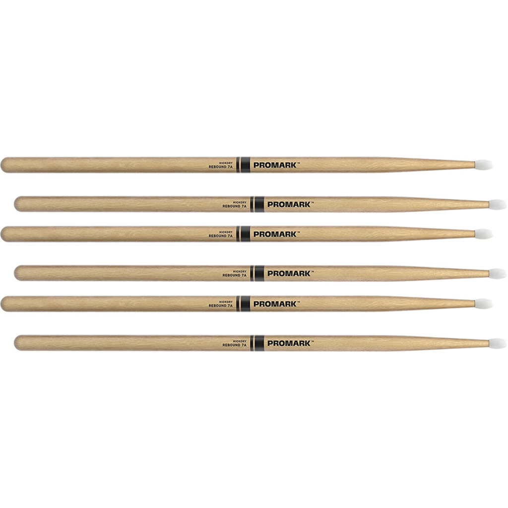 3 PACK ProMark Rebound 7A Hickory Drumsticks, Oval Nylon Tip