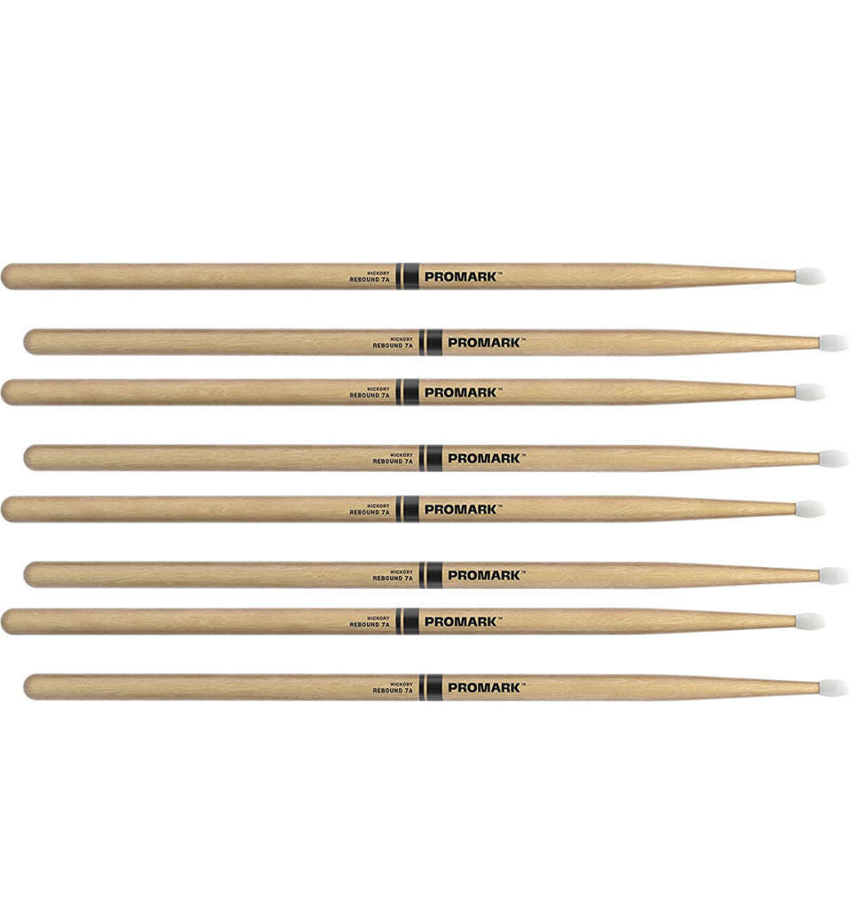 4 PACK ProMark Rebound 7A Hickory Drumsticks, Oval Nylon Tip