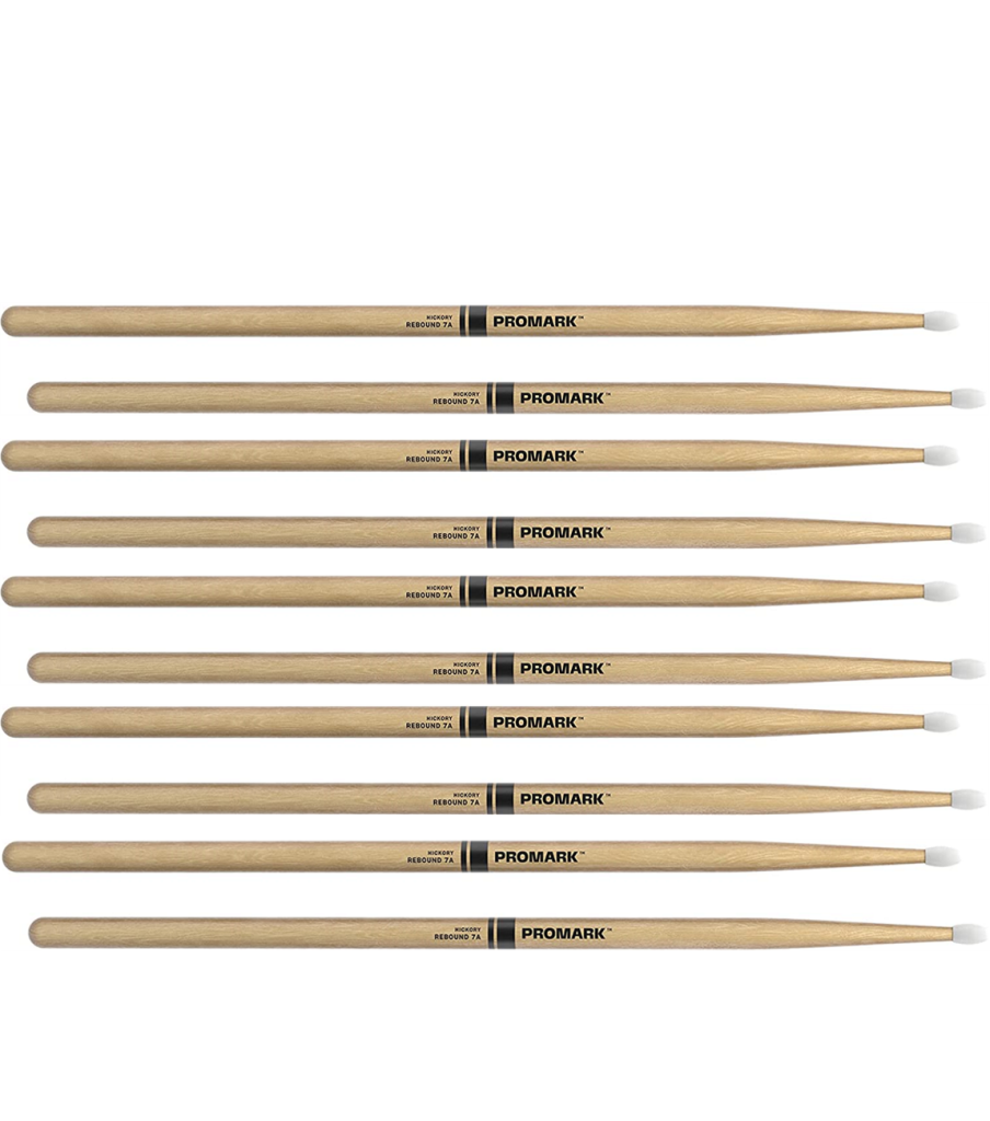 5 PACK ProMark Rebound 7A Hickory Drumsticks, Oval Nylon Tip