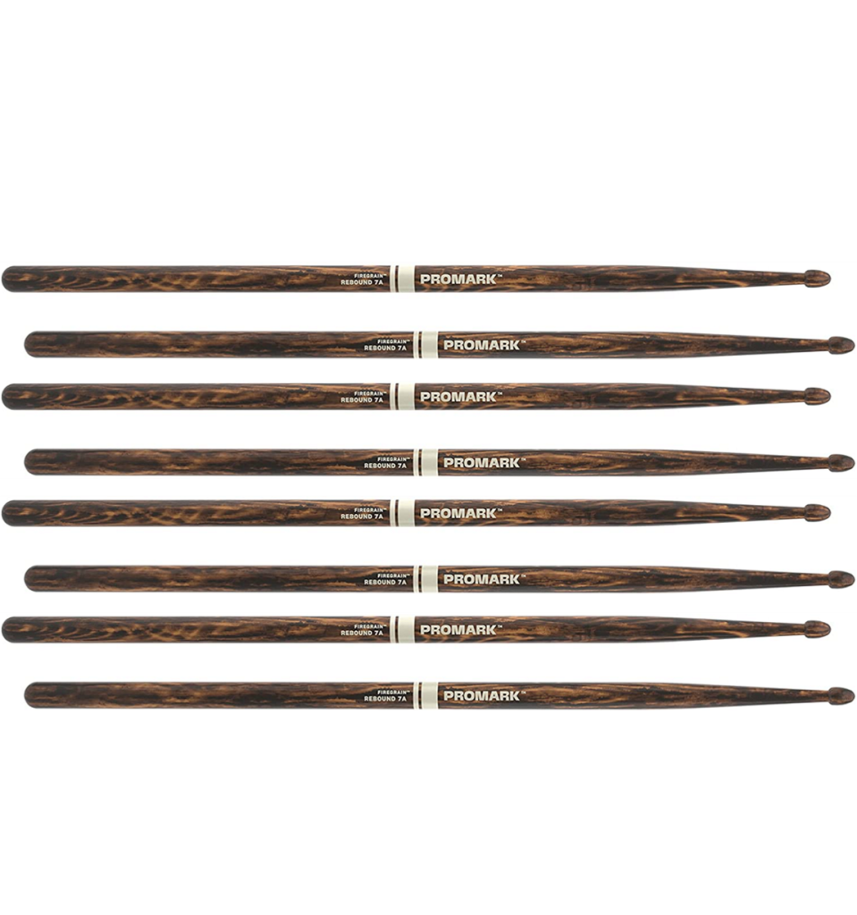 4 PACK ProMark Rebound 7A FireGrain Hickory Drumsticks, Acorn Wood Tip