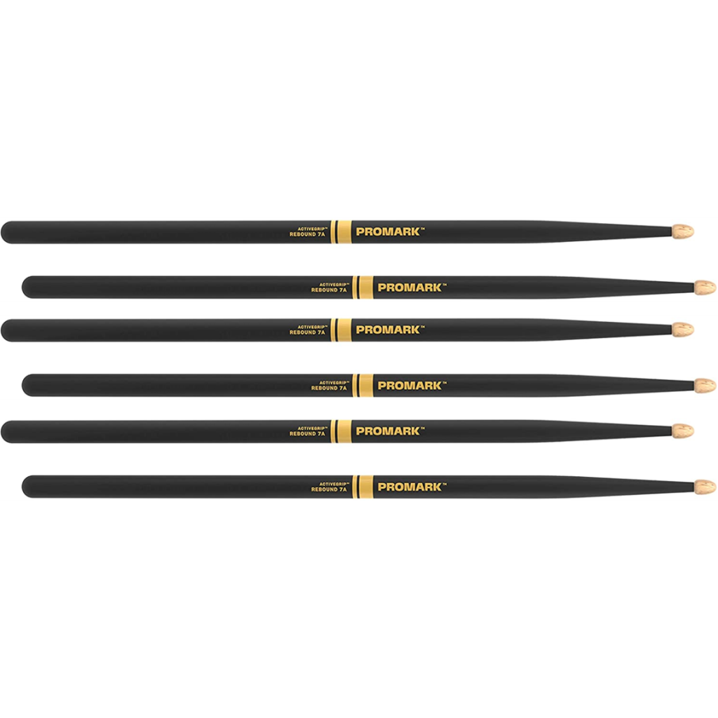 3 PACK Promark Rebound 7A ActiveGrip Hickory Drumstick, Acorn Wood Tip