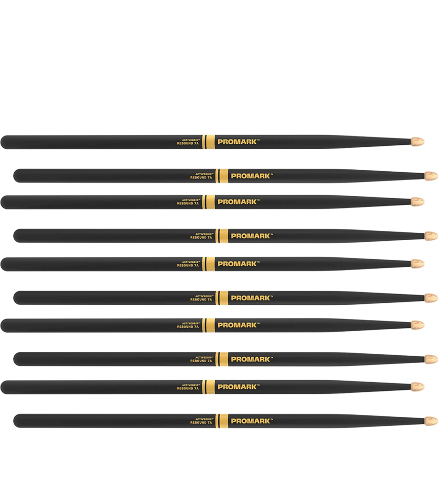 5 PACK Promark Rebound 7A ActiveGrip Hickory Drumstick, Acorn Wood Tip