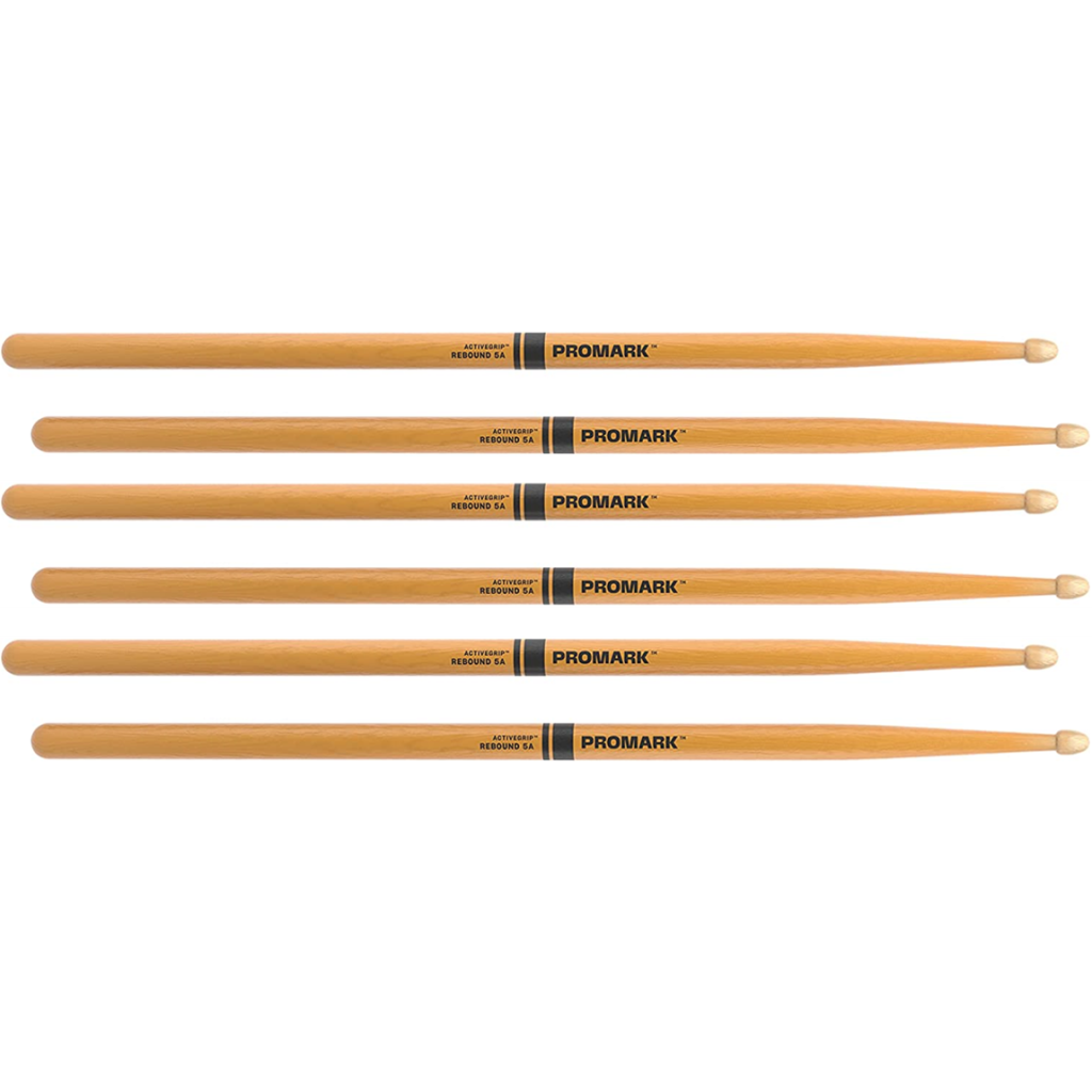 3 PACK Promark Rebound 5A ActiveGrip Clear Hickory Drumstick, Acorn Wood Tip