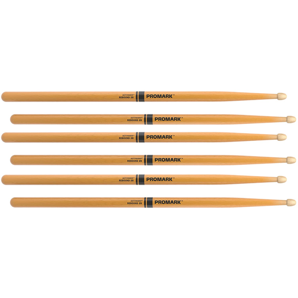 3 PACK Promark Rebound 2B ActiveGrip Clear Hickory Drumstick, Acorn Wood Tip