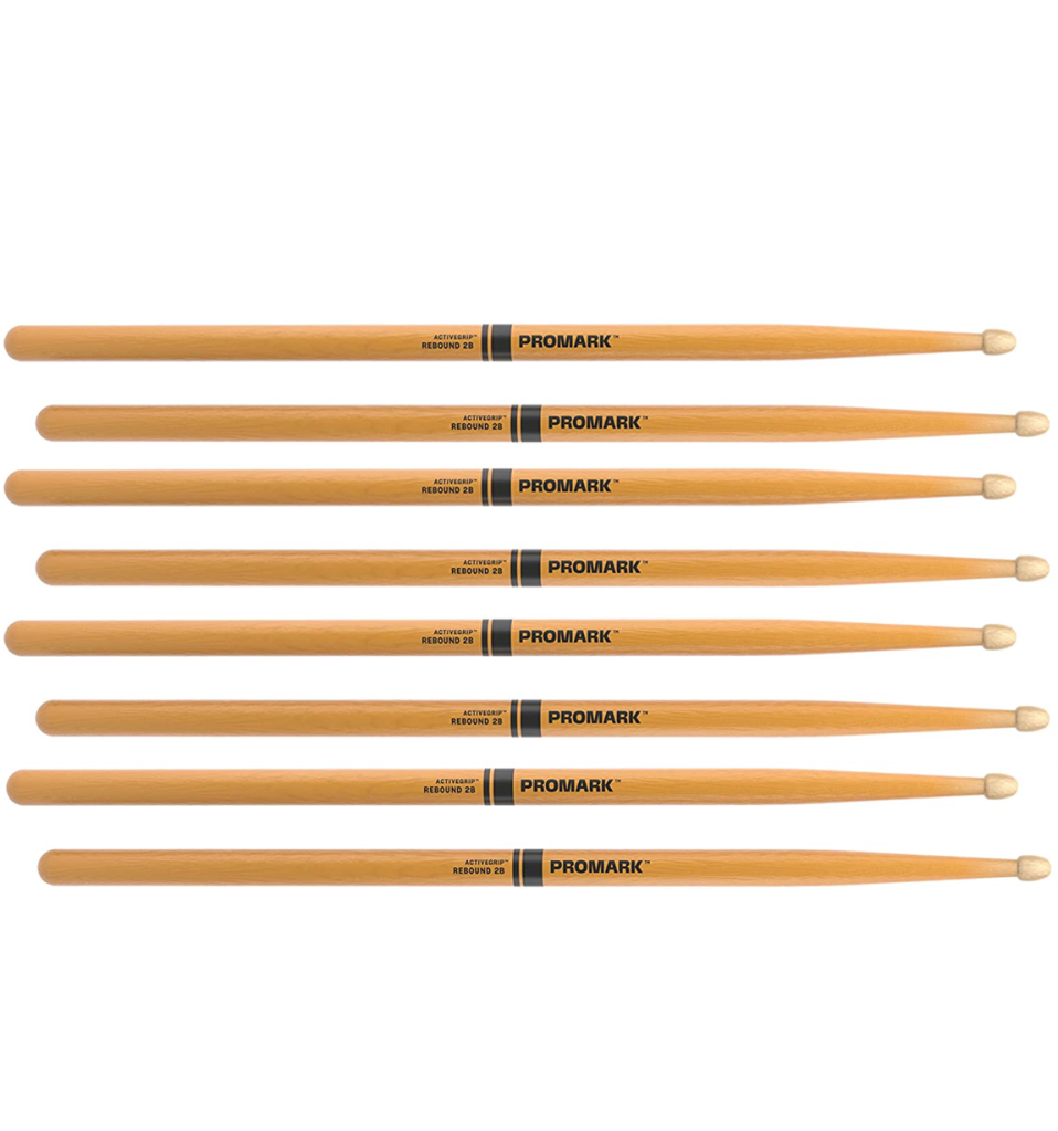 4 PACK Promark Rebound 2B ActiveGrip Clear Hickory Drumstick, Acorn Wood Tip
