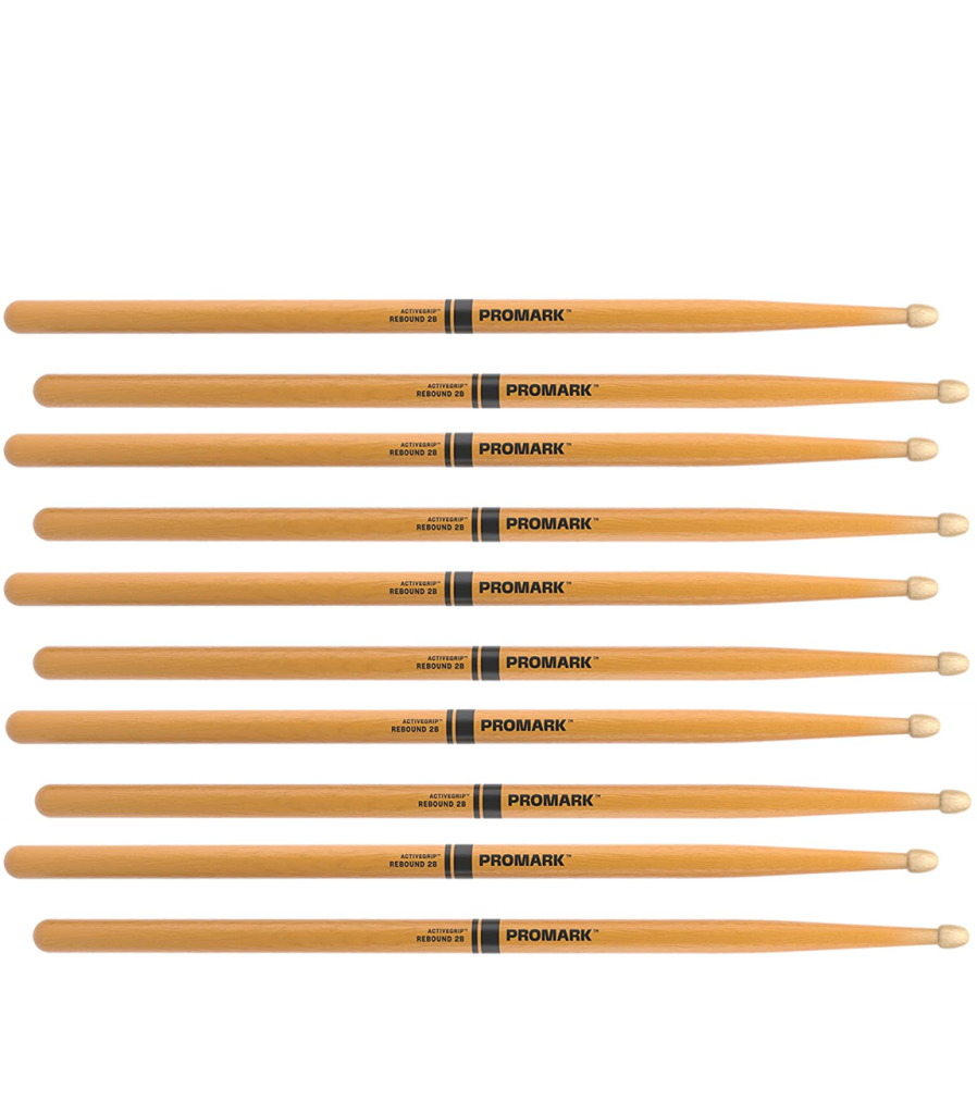 5 PACK Promark Rebound 2B ActiveGrip Clear Hickory Drumstick, Acorn Wood Tip