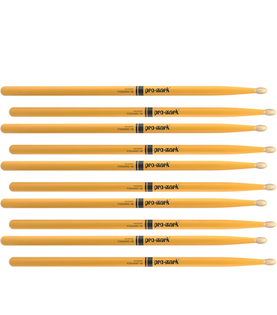 5 PACK ProMark Classic Forward 5B Painted Yellow Hickory Drumsticks, Oval Wood Tip