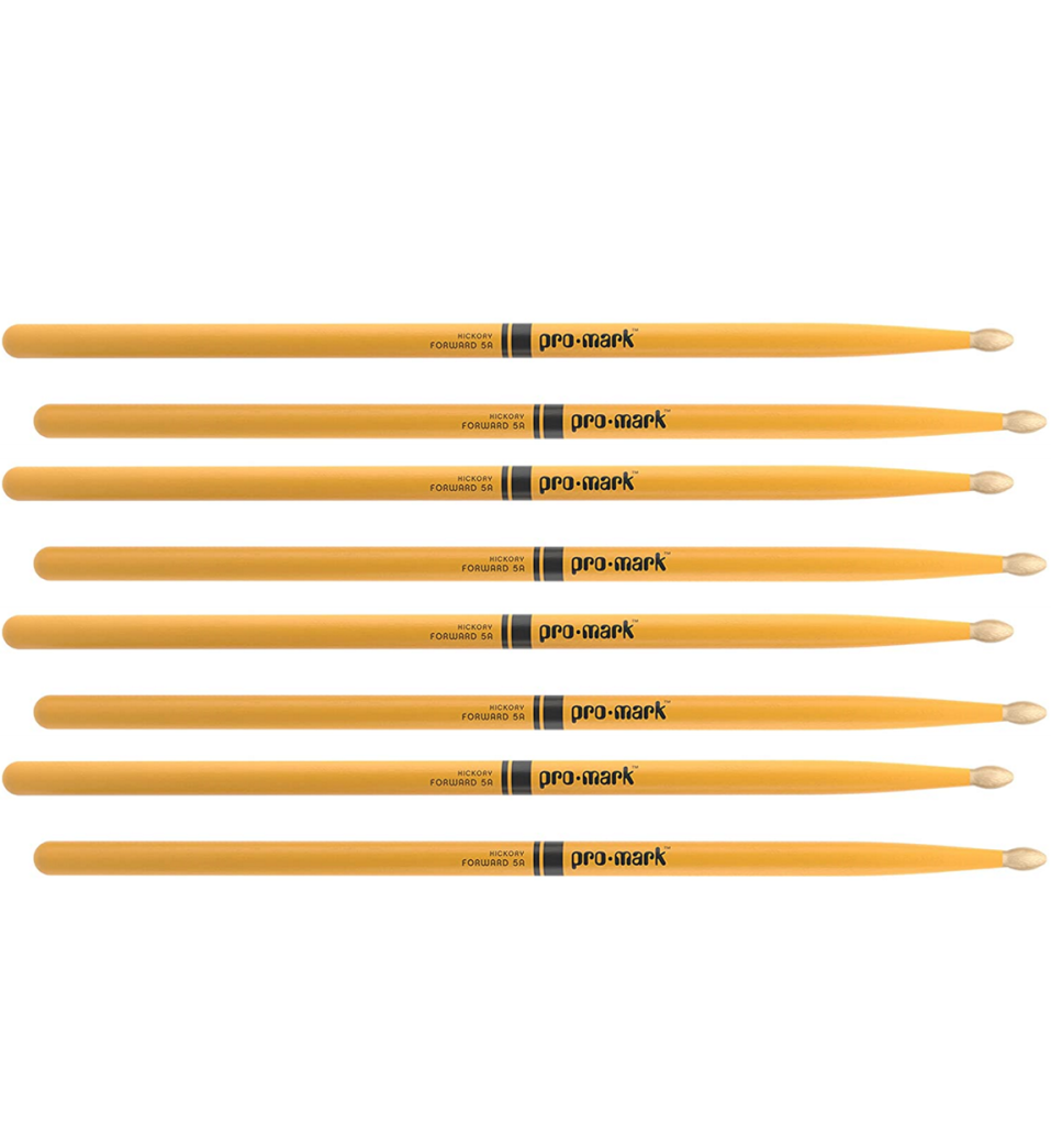 4 PACK ProMark Classic Forward 5A Painted Yellow Hickory Drumsticks, Oval Wood Tip