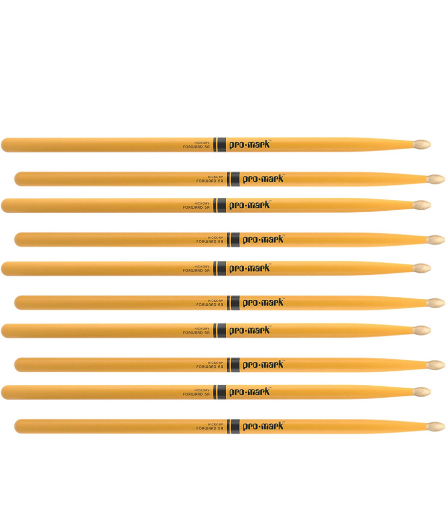 5 PACK ProMark Classic Forward 5A Painted Yellow Hickory Drumsticks, Oval Wood Tip