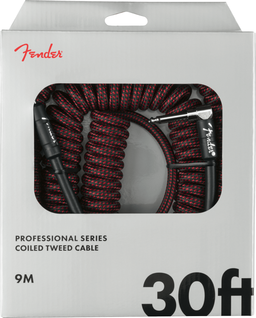 Fender Professional Series Tweed Coiled Instrument Cable, Straight/Angle, Red, 30ft