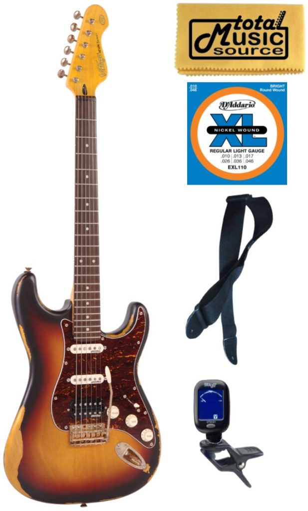 Vintage Guitars Icon V6 Electric Guitar, Distressed Sunburst, V6HMRSB, TMS Bundle