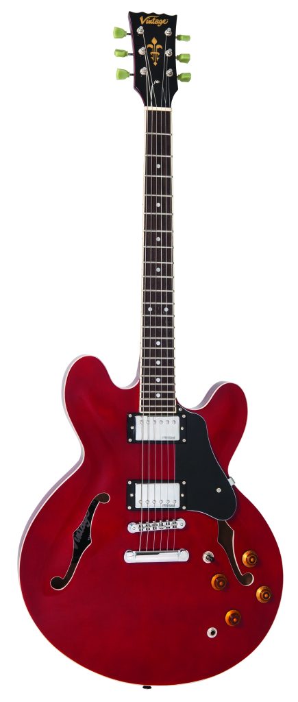 Vintage VSA500CR 335-Style Semi-Hollow Body Electric Guitar Cherry Finish