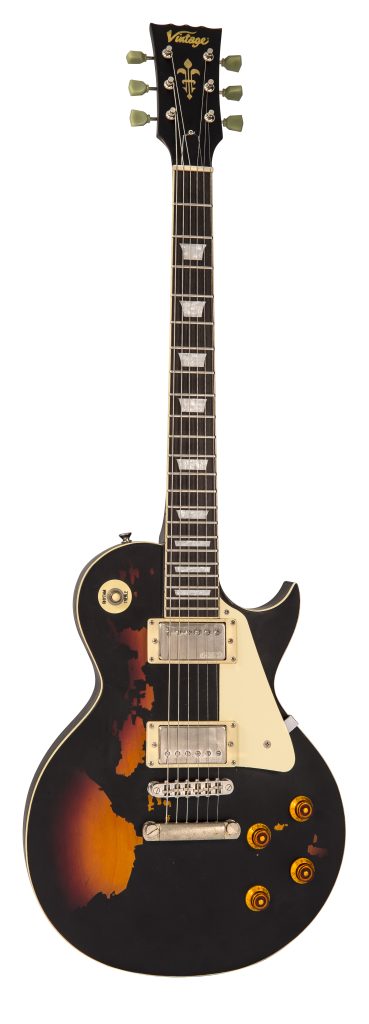 Vintage Guitars Icon V100MRBK Electric Guitar - Distressed Black Over Sunburst