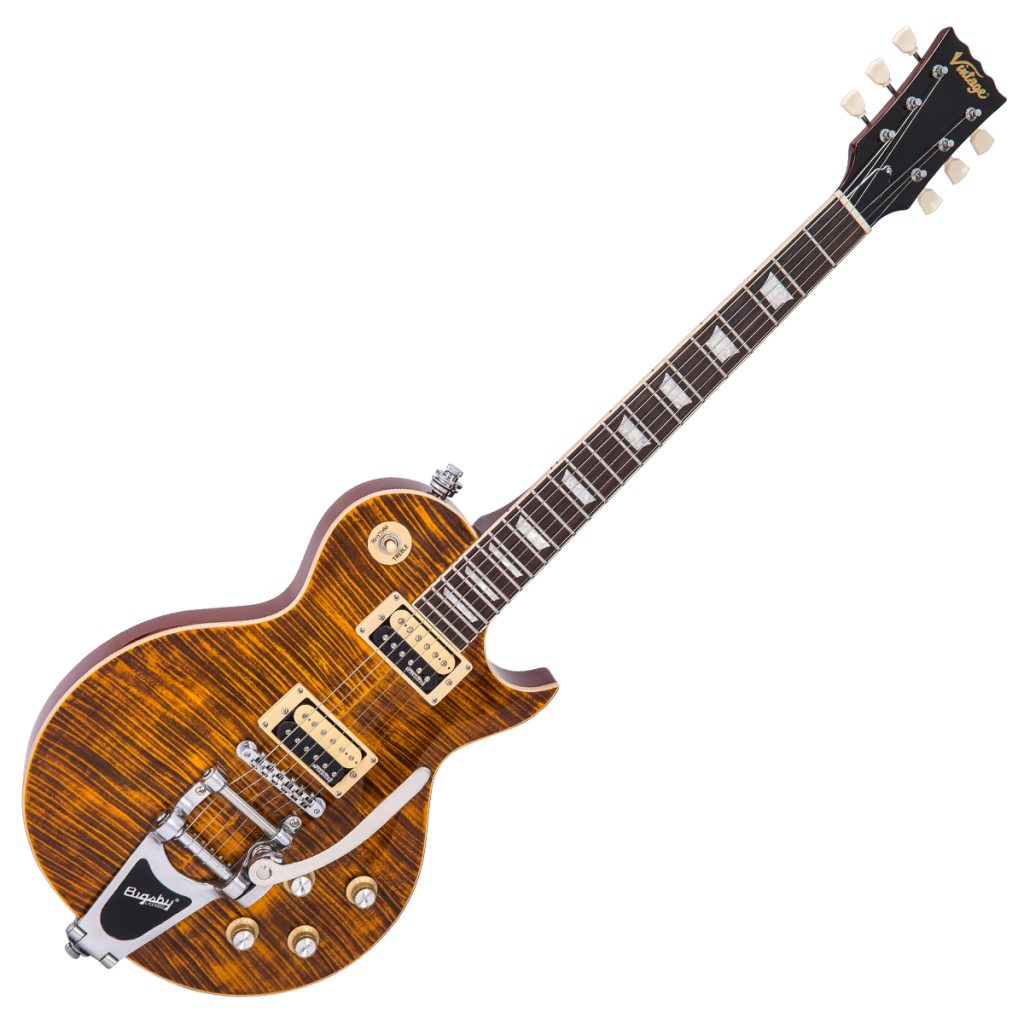 Vintage Reissued Series V100AMB Electric Guitar, Flamed Amber W/ Bigsby