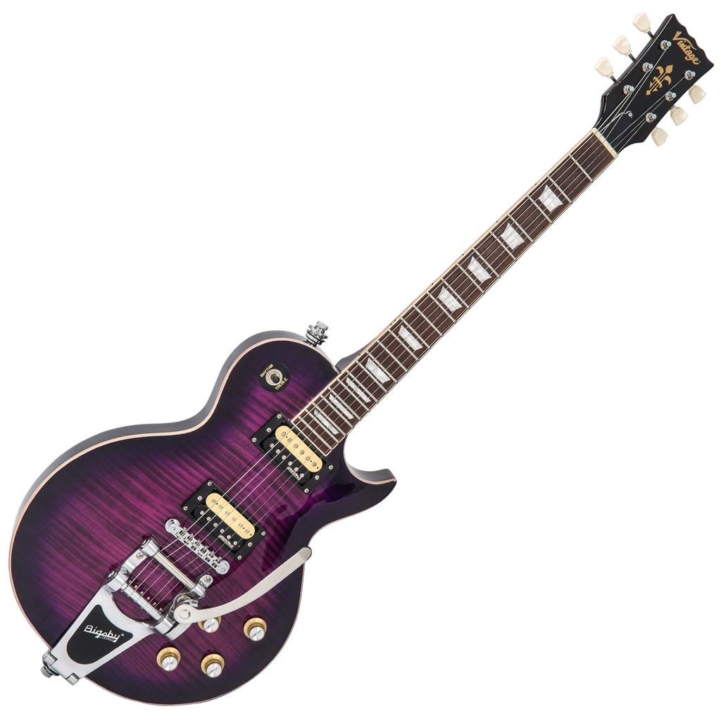 Vintage Reissued Series V100PLB Electric Guitar, Flamed Purple Burst W/ Bigsby