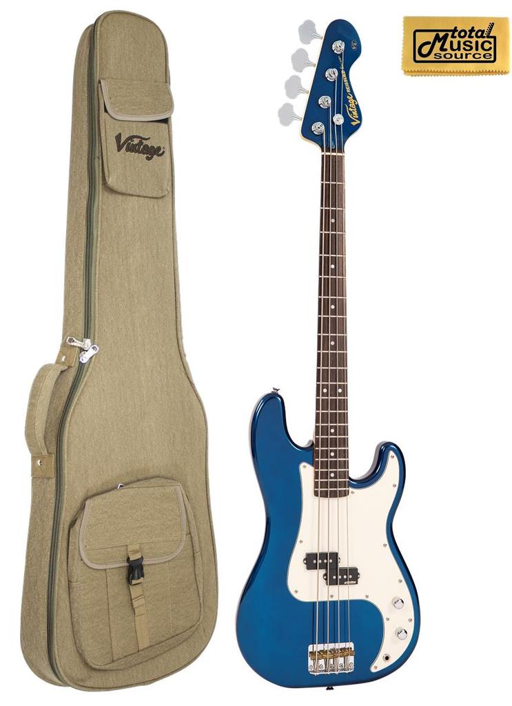 Vintage Guitars V4 Bass Guitar - Bayview Blue, V4BBL W/ Gig Bag
