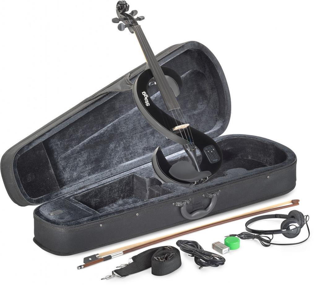 Stagg EVN 4/4 S-Shaped Electric Violin - Black + Case, Rosin, Bow, Headphones