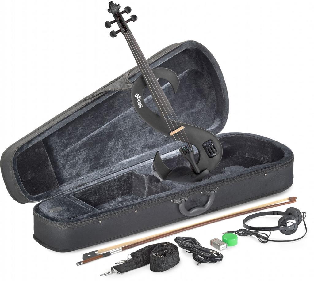 Stagg EVN 4/4 S-Shaped Electric Violin - Metallic Black w/ Case, Rosin, Bow, Headphones