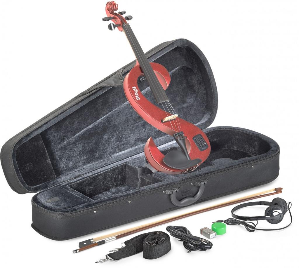 Stagg EVN 4/4 S-Shaped Electric Violin - Metallic Red w/ Case, Rosin, Bow, Headphones